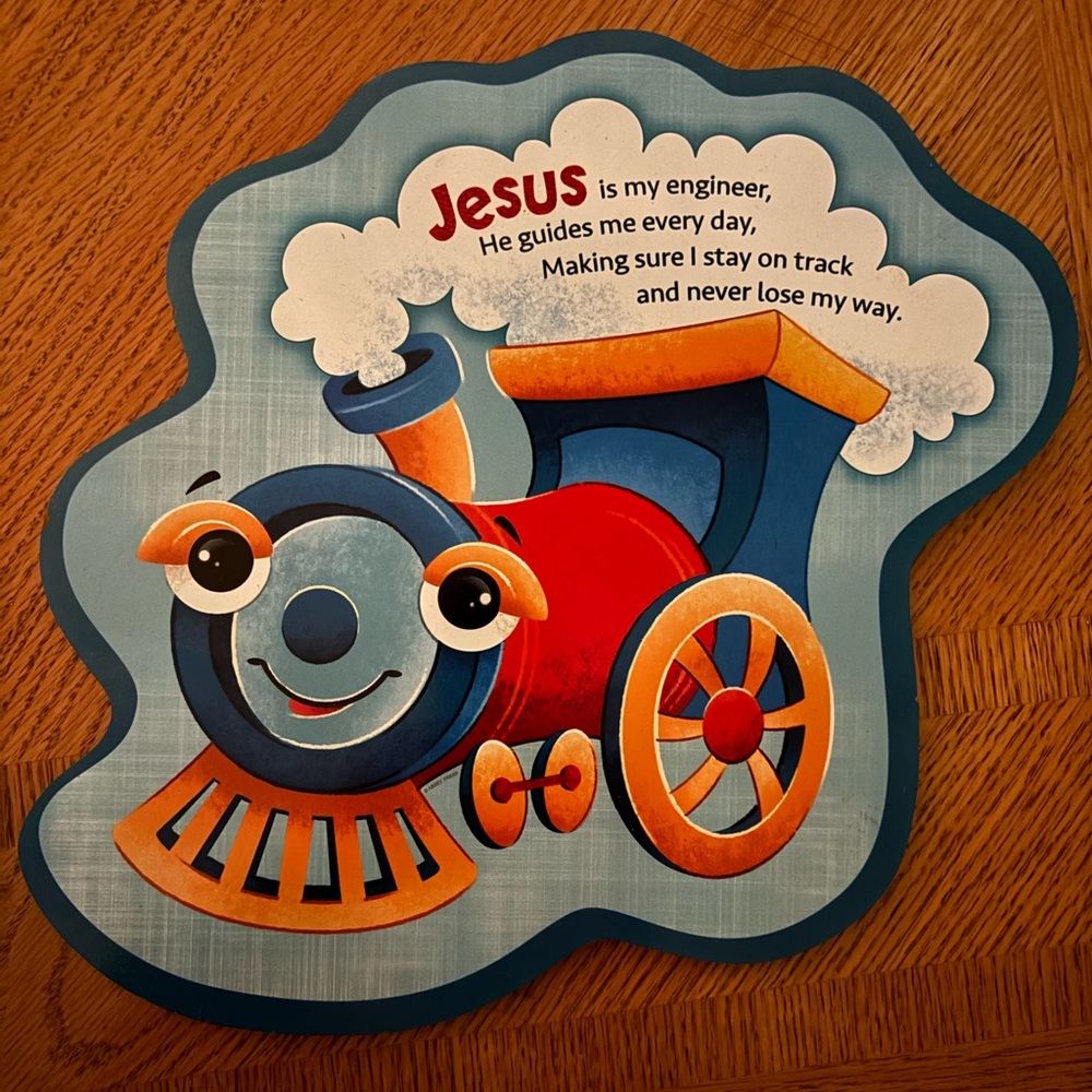 Colorful Train Toy wooden wall plaque with Inspirational Message about Jesus